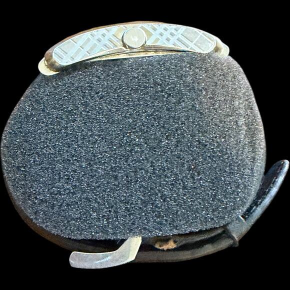Burberry Swiss Made Quartz Watch Silver Tone Plaid Dial Black Leather Strap Date